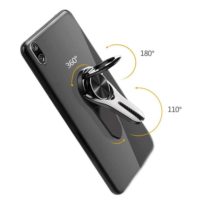A black smartphone featuring a silver car vent phone holder ring with adjustable angles.