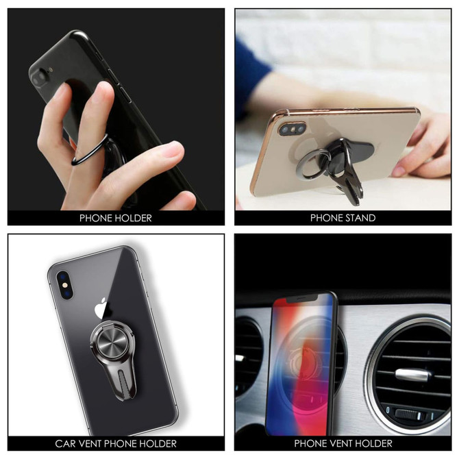 A black car vent phone holder ring, displayed with a smartphone, featuring a sleek design and a logo.