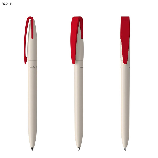 A pen featuring a cream body with a red clip, displayed from multiple angles. It has branding visible.