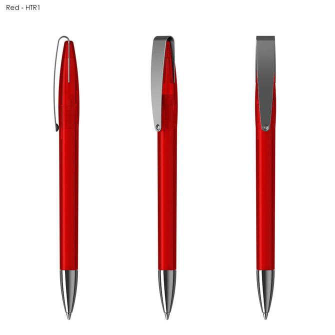A red plastic pen featuring a sleek design and a silver clip, shown from multiple angles.