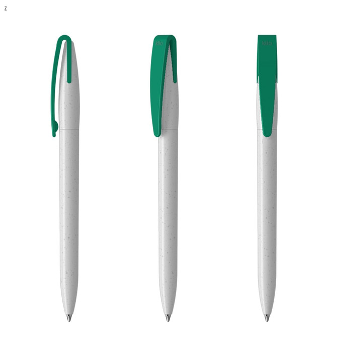 A set of three grey plastic pens with green clips, featuring a simple design and a logo.