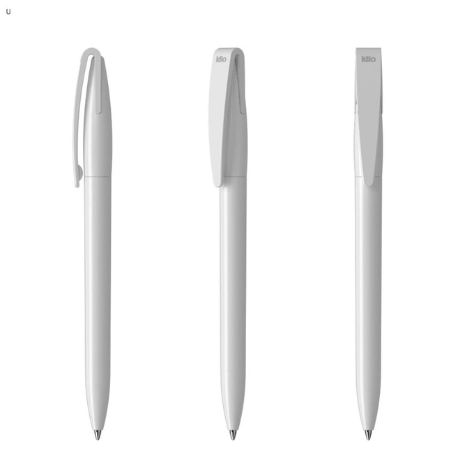 A set of three white plastic pens with clips, featuring a minimalist design and a logo on one pen.