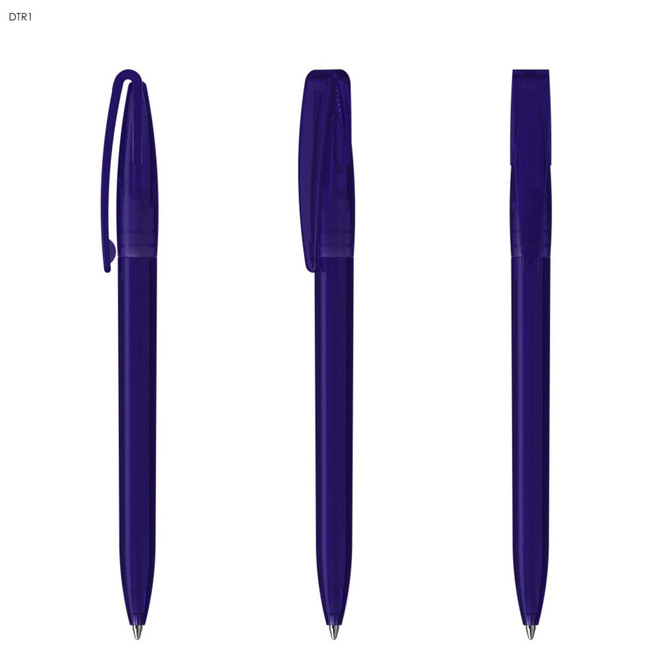 A set of transparent purple plastic pens displayed in various positions. Each pen features a clip and a logo.