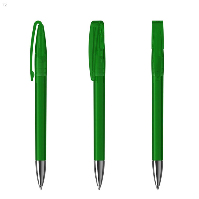 A set of three transparent green plastic pens with silver accents and clip caps, featuring a logo.