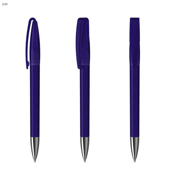 A set of three transparent purple plastic pens with silver tips and clips. Each pen is presented in a different position.