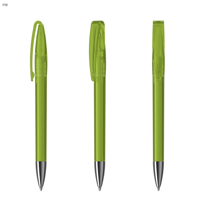 A set of three transparent green plastic pens with black accents and clips. Each pen features a sleek design.