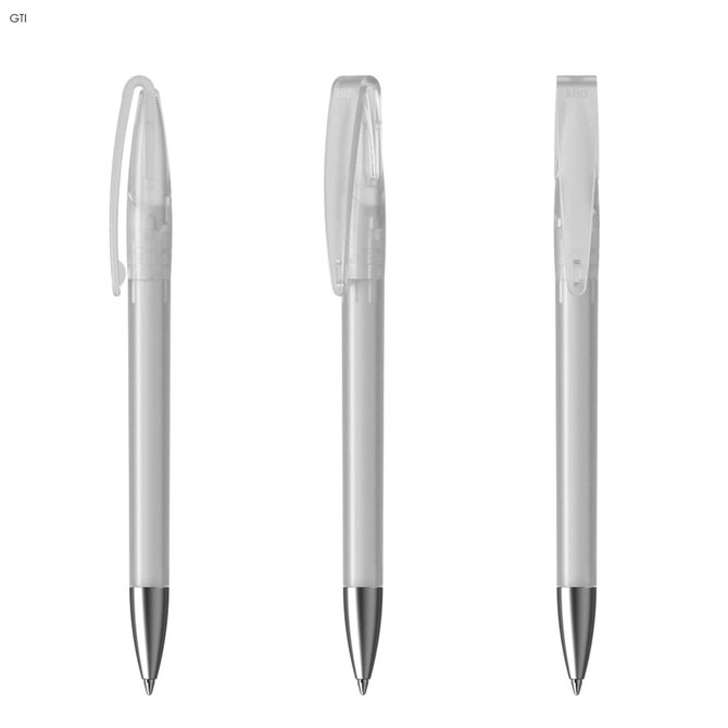 A set of three transparent plastic pens with silver accents and clip features. Each pen has a sleek design.