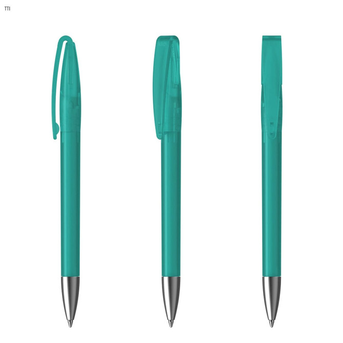A teal plastic pen with a silver tip, featuring a transparent cap and a clip, displayed from multiple angles.