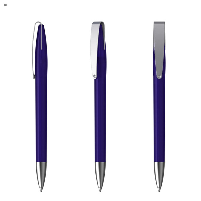 A sleek blue metal pen with a shiny silver clip, displayed from three angles. The pen has a modern design and finish.