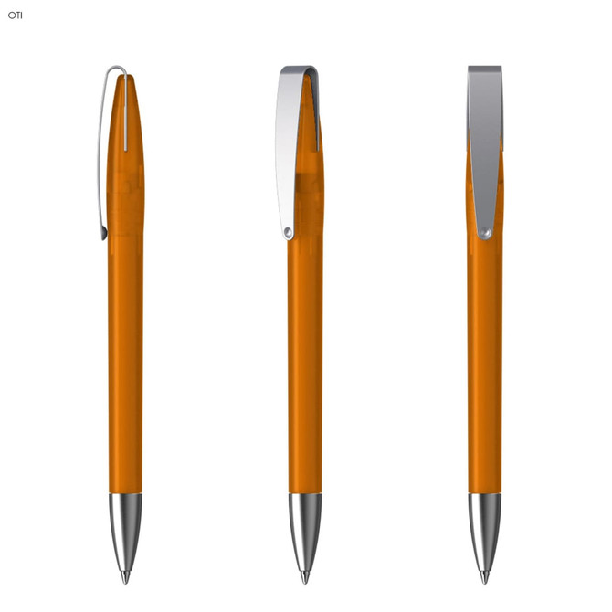 An orange metal pen with a silver clip, displayed from three different angles.