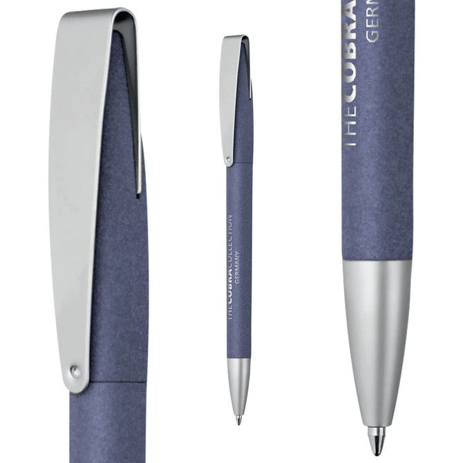 A metallic pen with a soft grip in a blue colour, featuring a sleek silver clip and logo branding.