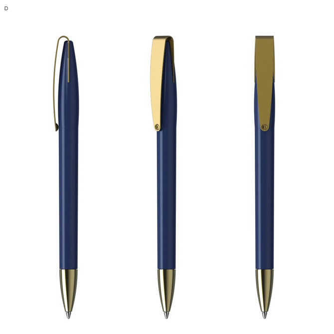 A set of blue metal pens featuring gold accents and clips, shown from three different angles.