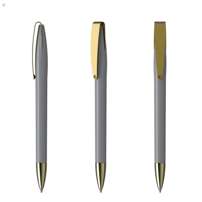 A metal pen in grey with gold accents, showcasing three angles and a branded logo.