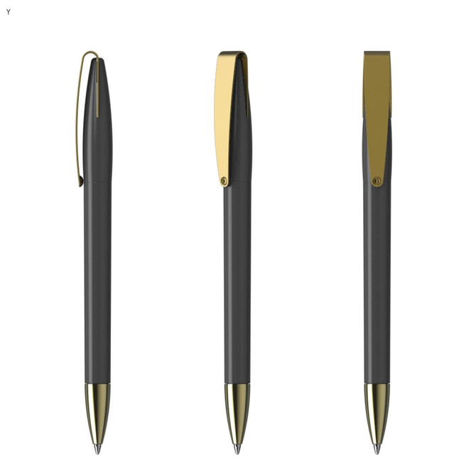 A metal pen with a sleek dark grey body and gold accents, featuring a clip and a glossy finish.