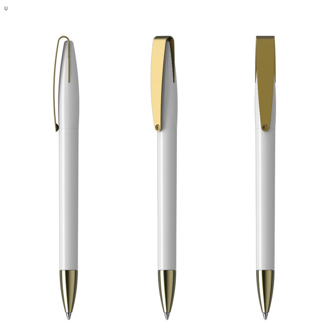 A set of three metal pens featuring a white body and gold accents, showcasing different angles.