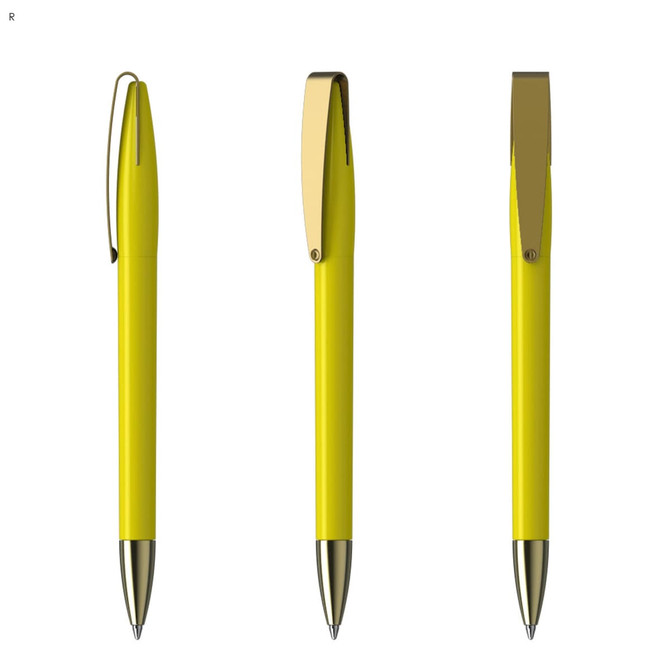 A yellow metal pen with a gold clip, displayed from three different angles.