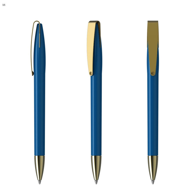 A collection of blue metal pens with gold accents, featuring different angles and a branding logo.