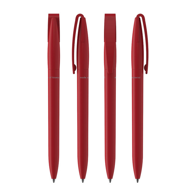 Four red plastic pens with clips, featuring a sleek design. The pens have a uniform colour and a logo on each.