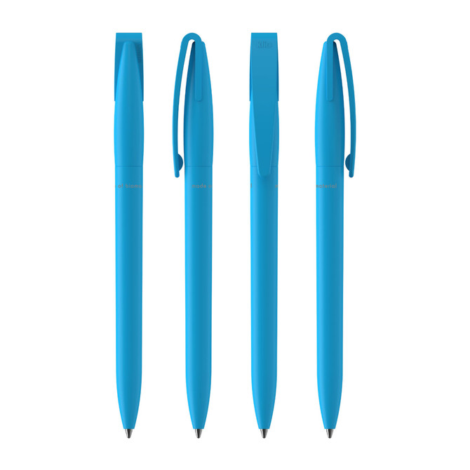 A set of four blue plastic pens with clips and smooth barrel design, featuring a logo on each pen.