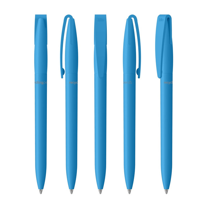 Five blue plastic pens with a smooth finish and clips, featuring a logo on each pen.