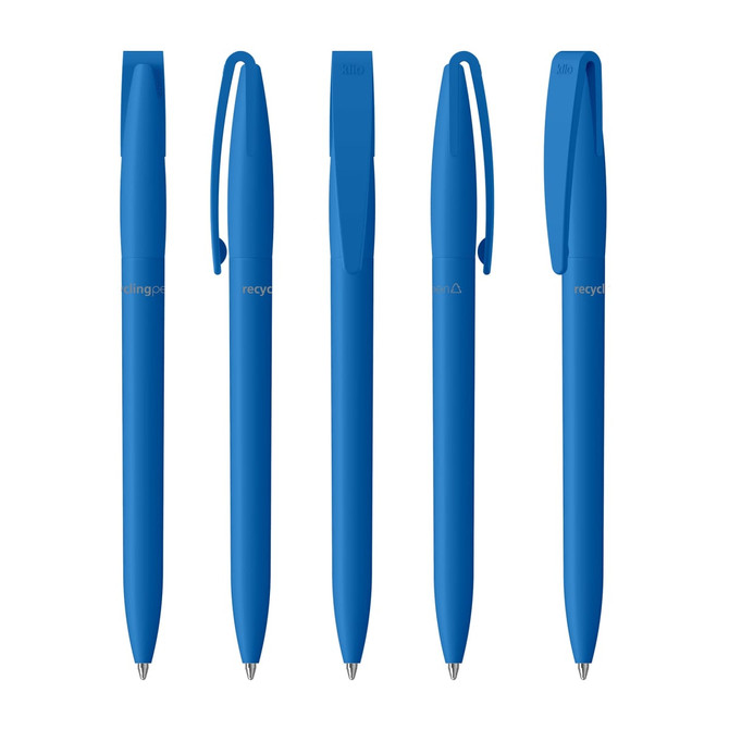 A collection of plastic pens in various shades of blue, featuring a logo and clip design.