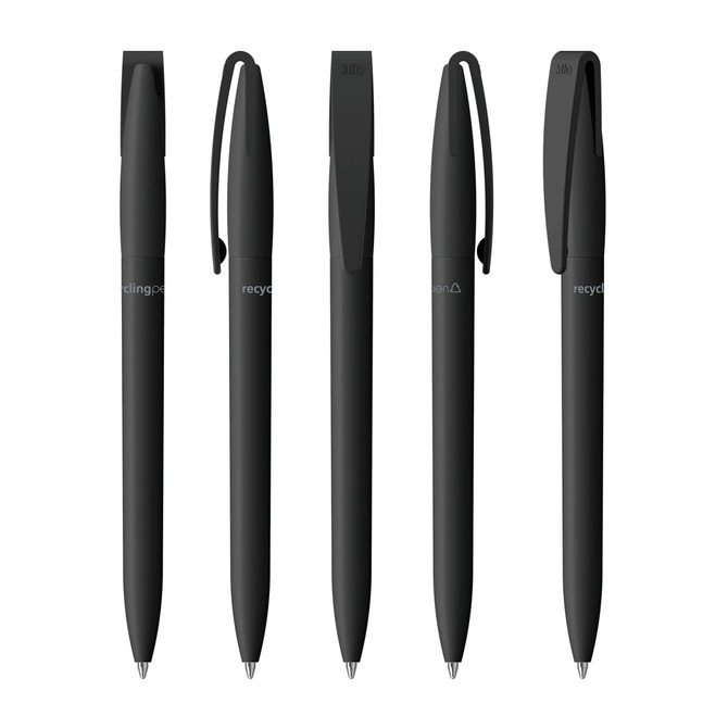 A range of five black plastic pens with clips, featuring a logo on the barrels.