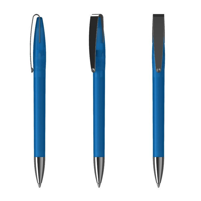 A blue metal pen with a sleek design, featuring a clip and silver detailing. The pen is displayed from multiple angles.