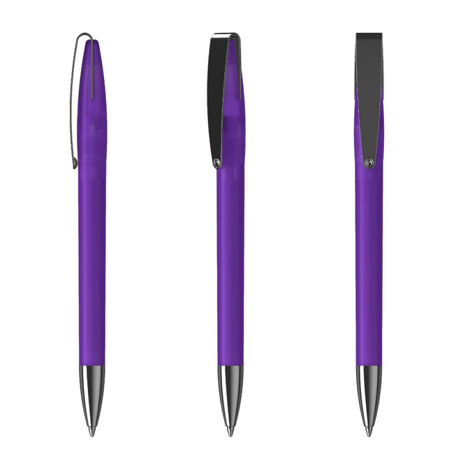 A purple metal pen featuring a sleek design and a clip. The pen has a shiny silver tip and accents.
