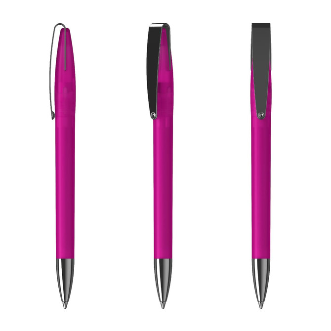 A metal pen in vibrant pink with a sleek design and a clip for convenience. It features a silver tip and accents.