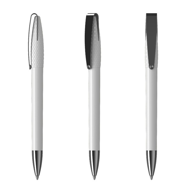 A sleek silver and white metal pen featuring a glossy finish and a clip, displayed from three angles.