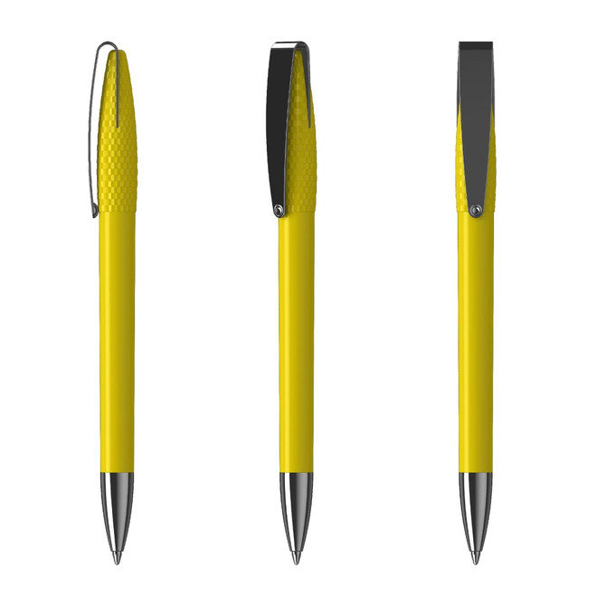 A high gloss yellow metal pen with textured grip and chrome accents, featuring a branding logo.