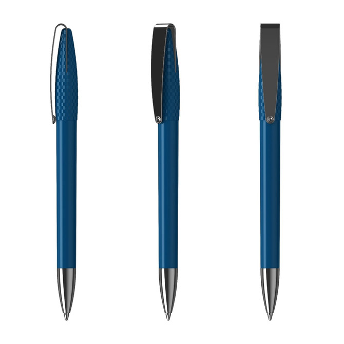 A metal pen in a sleek blue finish with a textured grip and a chrome clip, featuring a branding logo.