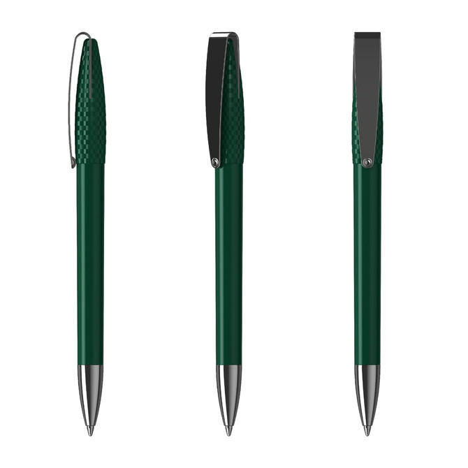 A green metal pen with a textured grip and silver accents, displayed from multiple angles. Features a logo.