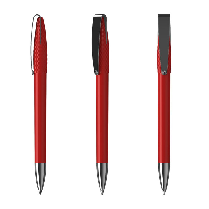 A vibrant red metal pen with a glossy finish and a textured grip, featuring a sleek silver clip.
