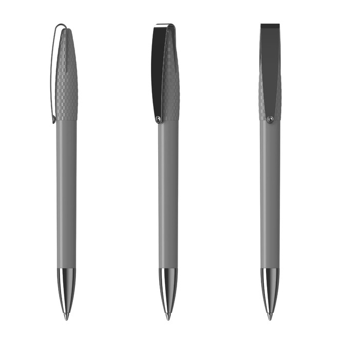 A set of three grey metal pens with a high gloss finish and sleek design, featuring a branding logo.