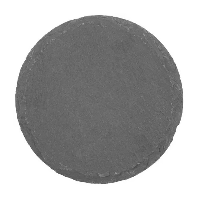 A set of four round grey slate coasters with a textured finish. Each coaster has an irregular edge.