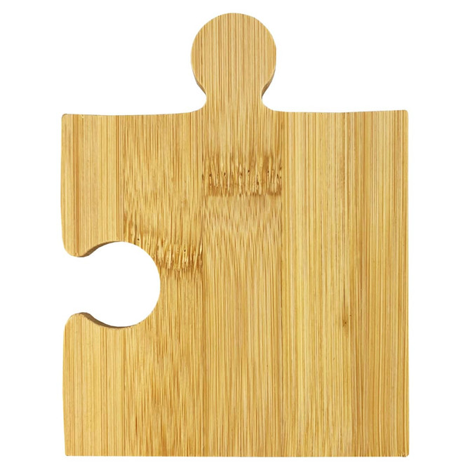 A bamboo coaster shaped like a puzzle piece, featuring a smooth finish and natural wood grain. It has a branding logo.