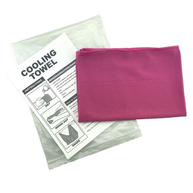 A pink cooling towel in a pouch, accompanied by an instruction sheet, all packaged in a clear plastic bag.