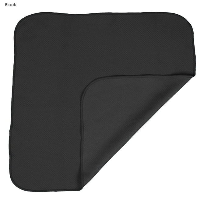 A black cooling face cloth with a textured surface, folded at one corner, featuring a logo.