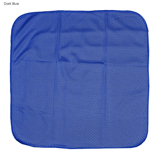 A dark blue cooling face cloth with a textured surface, suitable for outdoor leisure activities. It features a logo.