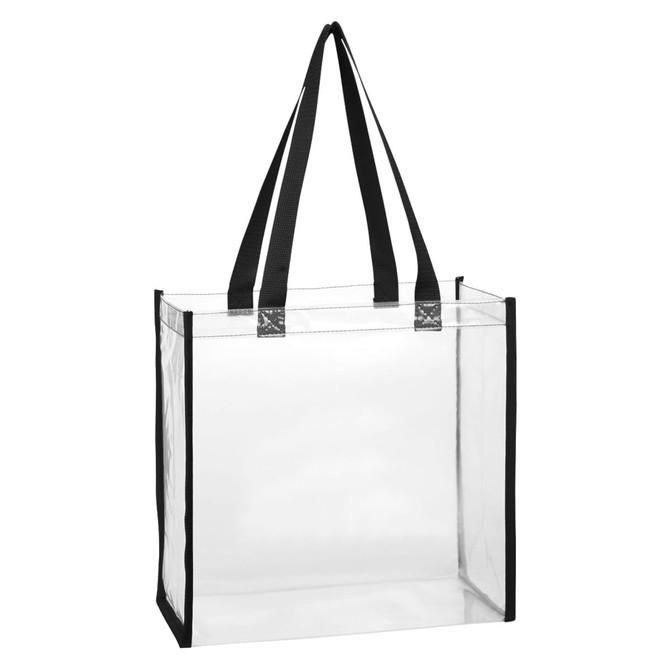 A clear tote bag with black handles and reinforcements, featuring an open design for easy visibility.