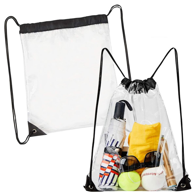 A clear drawstring backpack containing a tennis ball, baseball, bottles, a towel, and sunglasses. Black trim detailing.