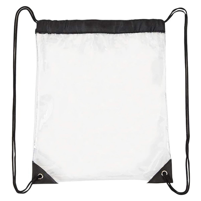 A clear drawstring backpack with black accents and corners, featuring adjustable straps and a simple design.