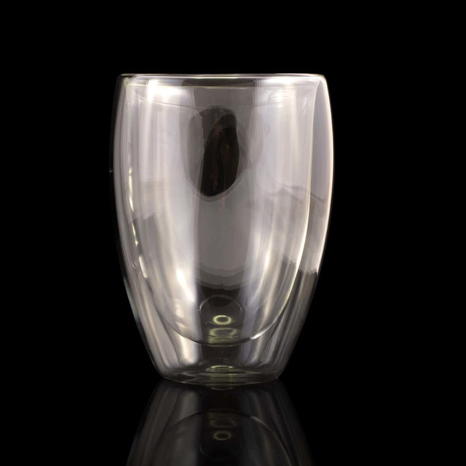 A double wall glass cup in clear color, designed to hold beverages, featuring a sleek, modern shape and a logo.