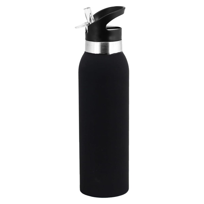 A drink bottle in matte black with a silver band near the top and a flip-top spout. Features a logo.