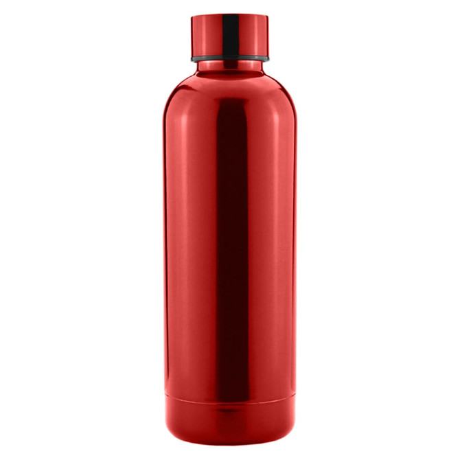 A drink bottle in bright red with a sleek, metallic finish and a matching cap. It features a logo.