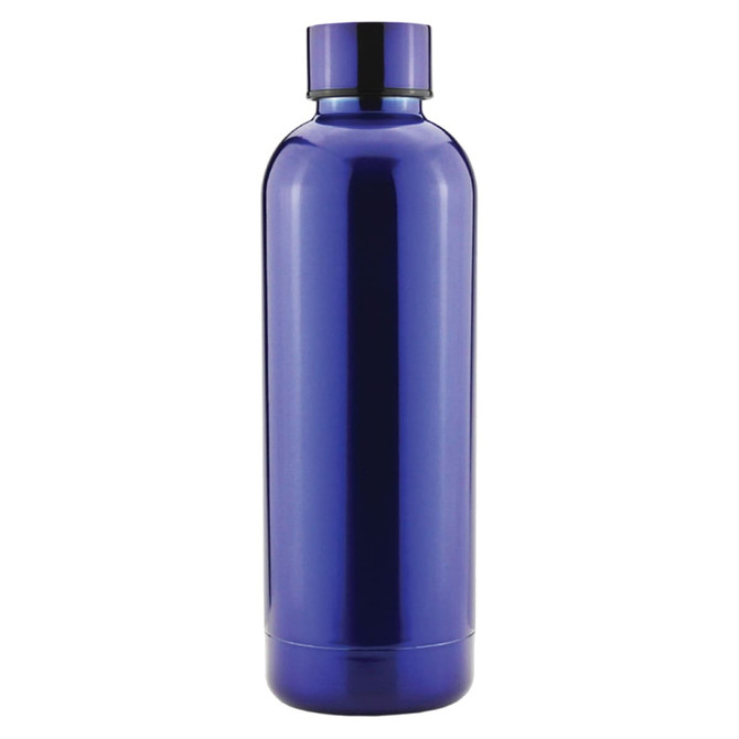 A drink bottle in a sleek, glossy deep blue finish, featuring a simple design and a cap. It has a logo displayed.