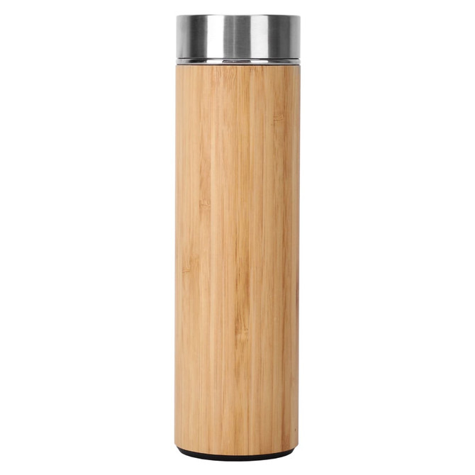 A drink bottle with a bamboo exterior and a stainless steel top, featuring a sleek, modern design.