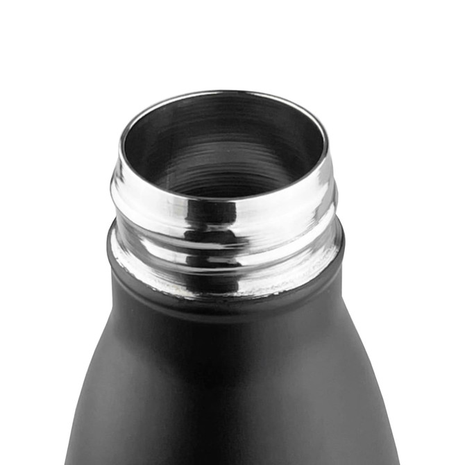 A drink bottle with a sleek black exterior and a stainless steel opening, featuring a branding logo.