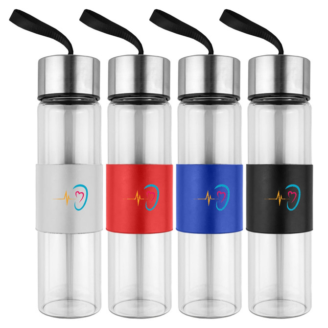 A drink bottle set featuring four colours: silver, red, blue, and black, with a logo on each.